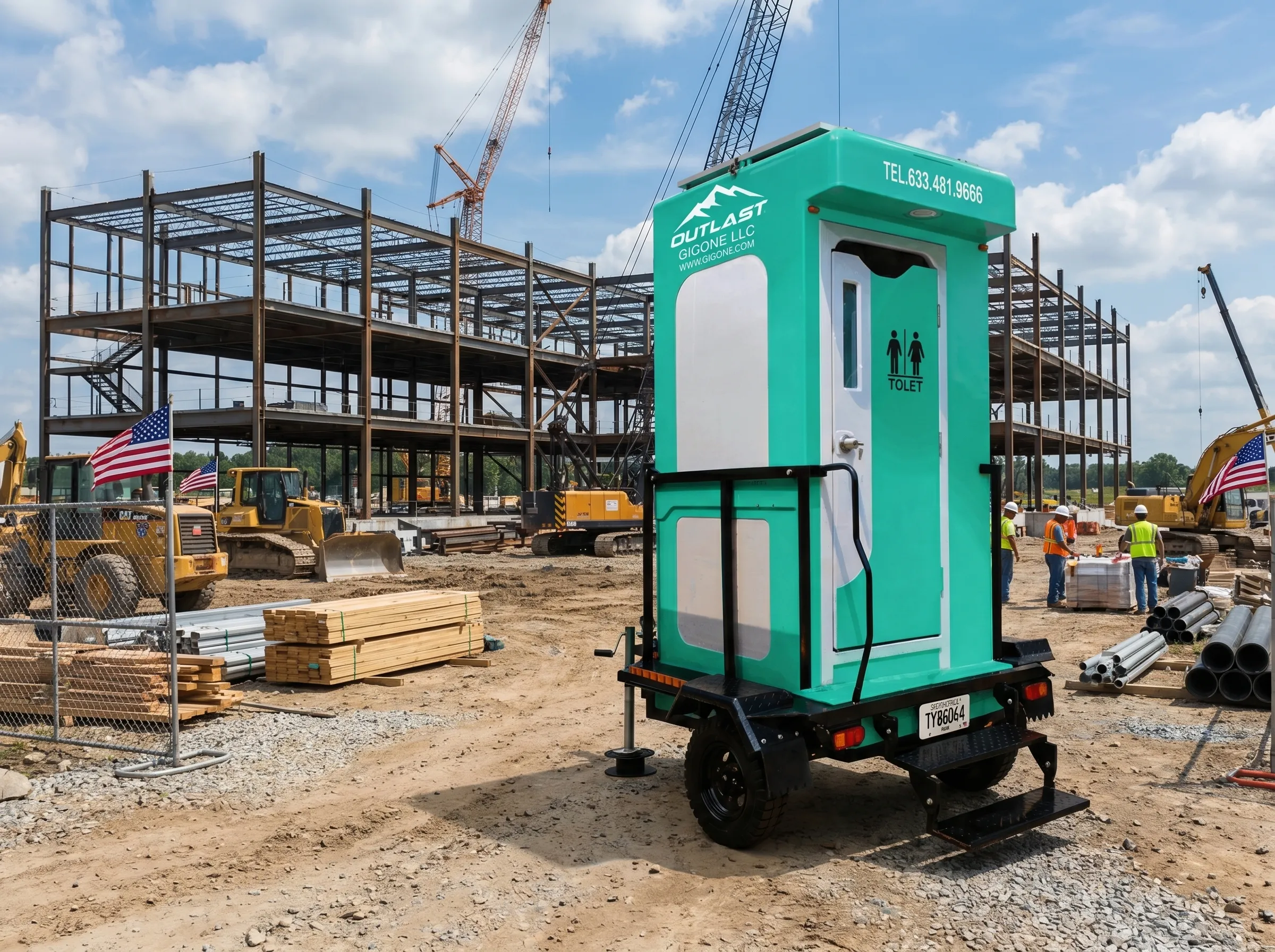 C-1P Professional Flush green portable restroom trailer at a large-scale commercial construction site with steel structures and American flags