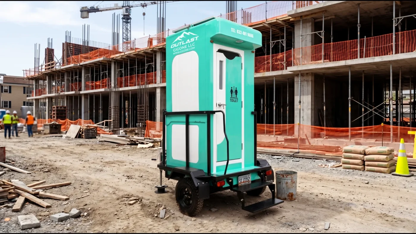 C-1P Professional Flush green mobile portable toilet trailer on an active construction site with scaffolding