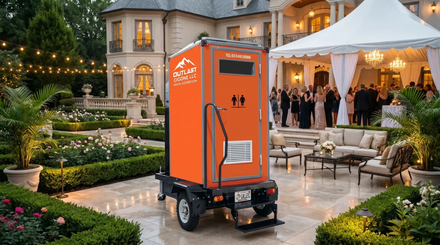 Flare Mobile Oasis A-1P luxury portable restroom trailer at an upscale garden wedding and estate gala