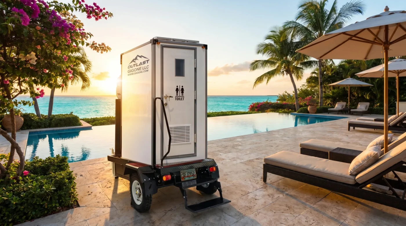 Pearl Mobile Oasis b-1P luxury white portable restroom trailer by a resort infinity pool at sunset