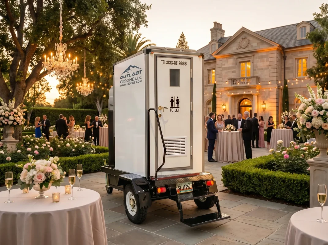 Pearl Mobile Oasis b-1P luxury white portable restroom trailer at an elegant outdoor garden wedding gala