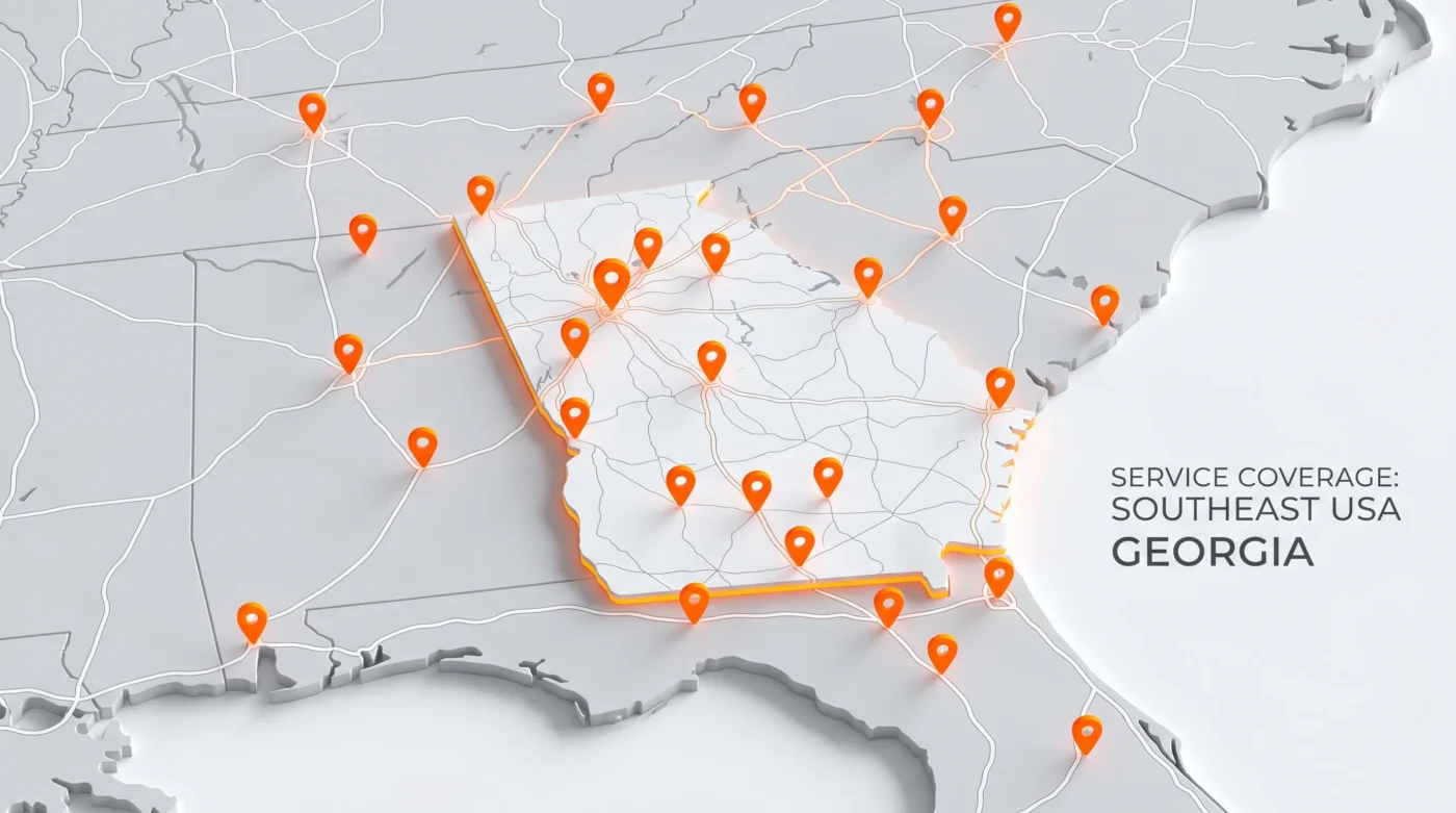 3D isometric map showing portable restroom trailer service coverage in Georgia and the Southeast USA
