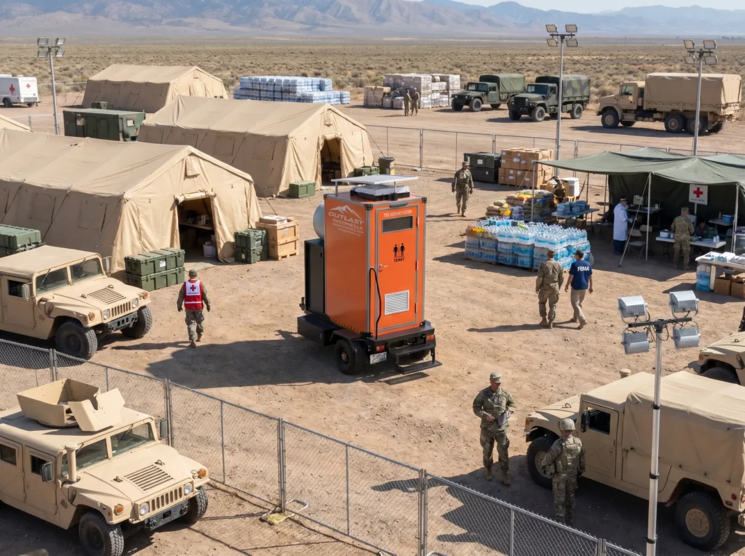 Premium Mobile Oasis A-1P portable restroom trailer at an emergency disaster relief camp with FEMA and Red Cross support