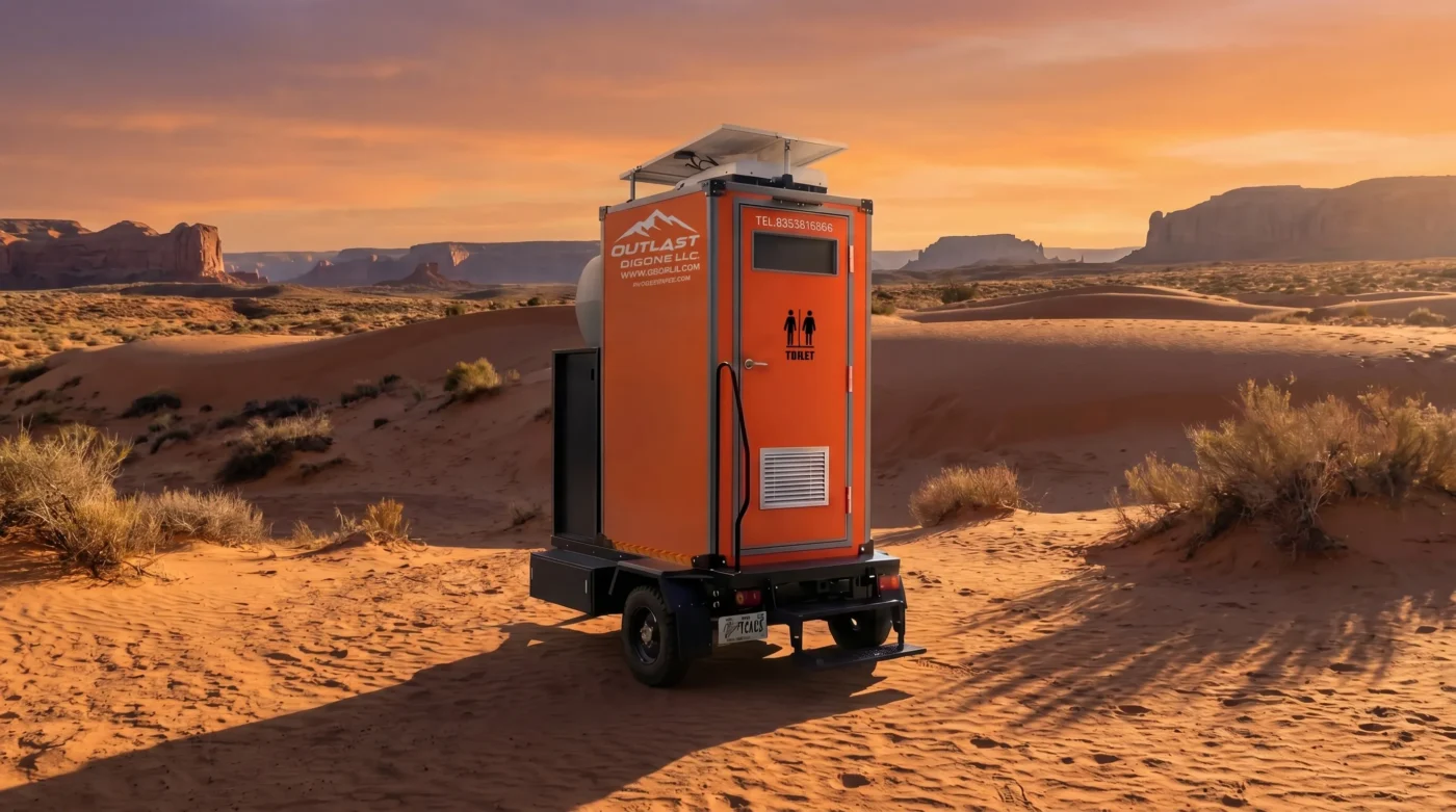 Premium Mobile Oasis A-1P solar-powered portable restroom trailer in a desert canyon at sunset