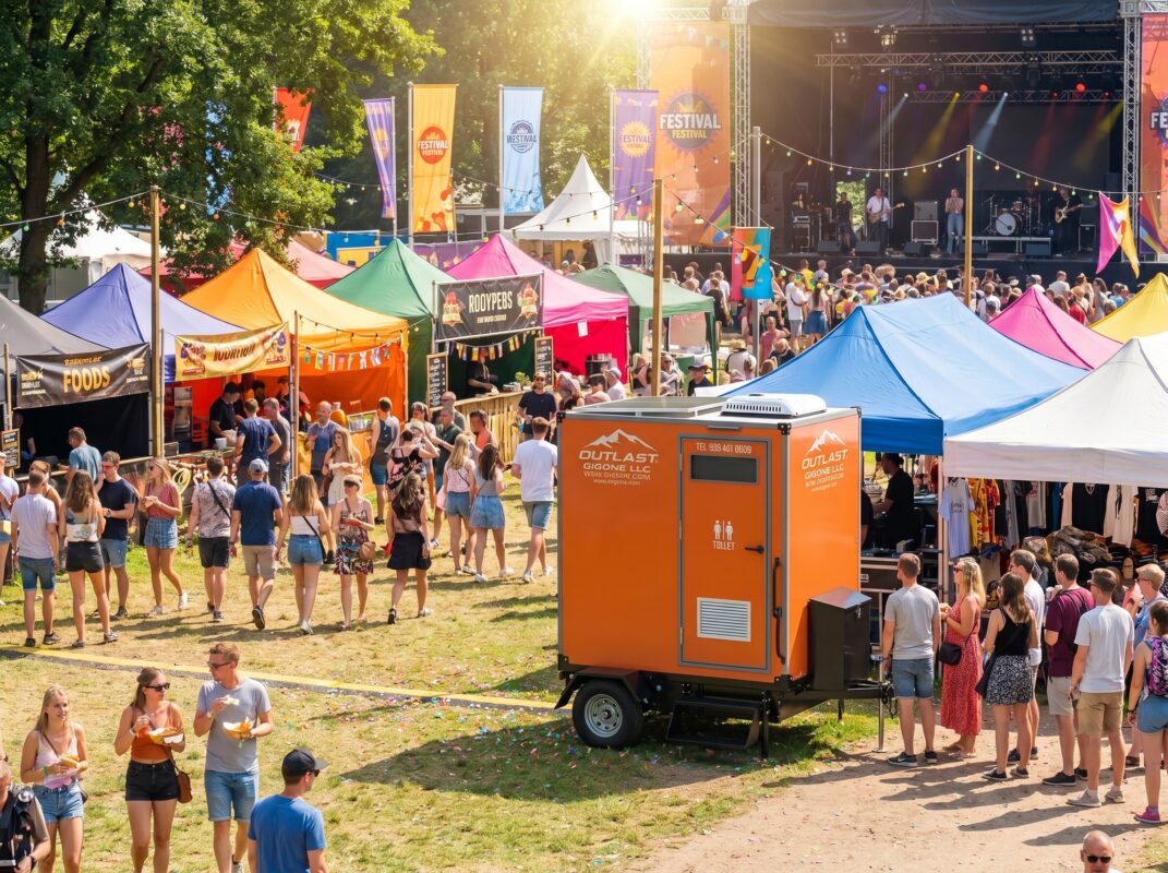 Premium Mobile Oasis AA-1P orange portable restroom trailer at a crowded outdoor music festival with a main stage and food vendors