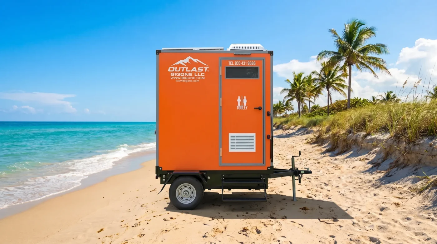 Premium Mobile Oasis AA-1P orange portable restroom trailer parked on a sandy beach with palm trees